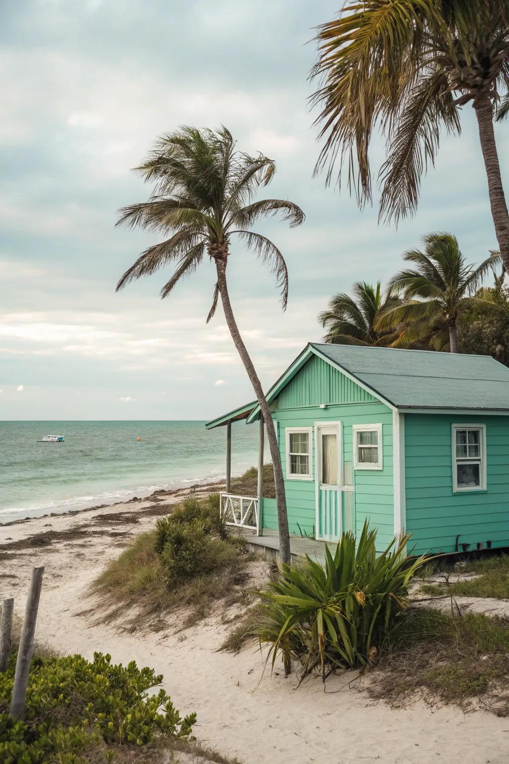 Seafoam green exteriors evoke a tranquil coastal feeling.