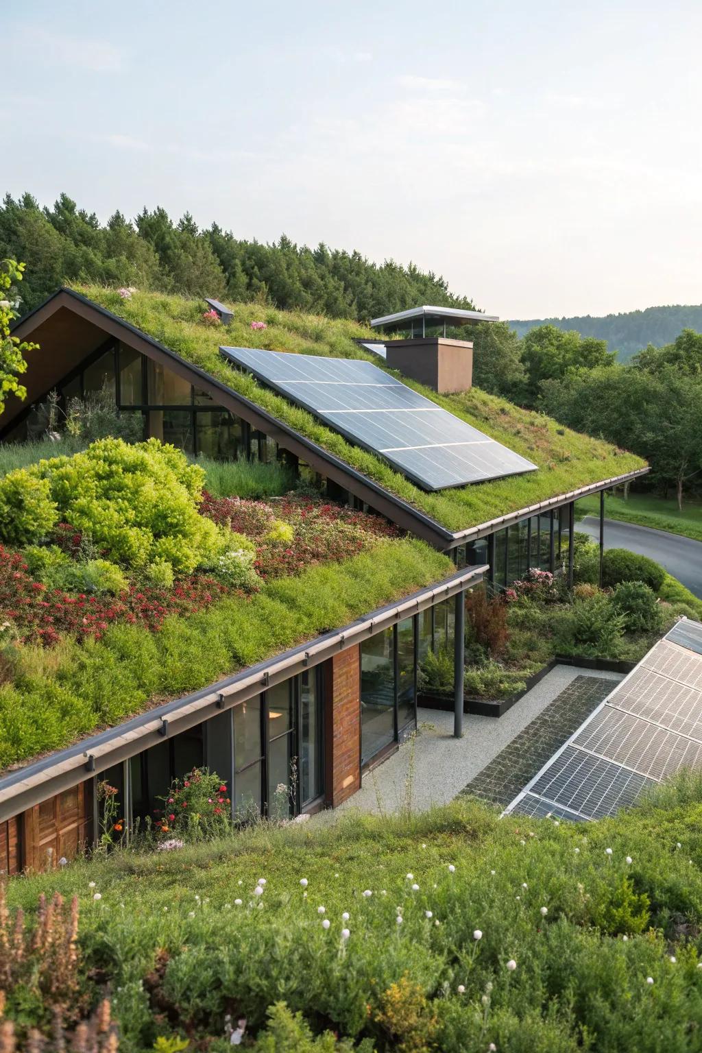 A green roof that blends solar panels with lush plantings.