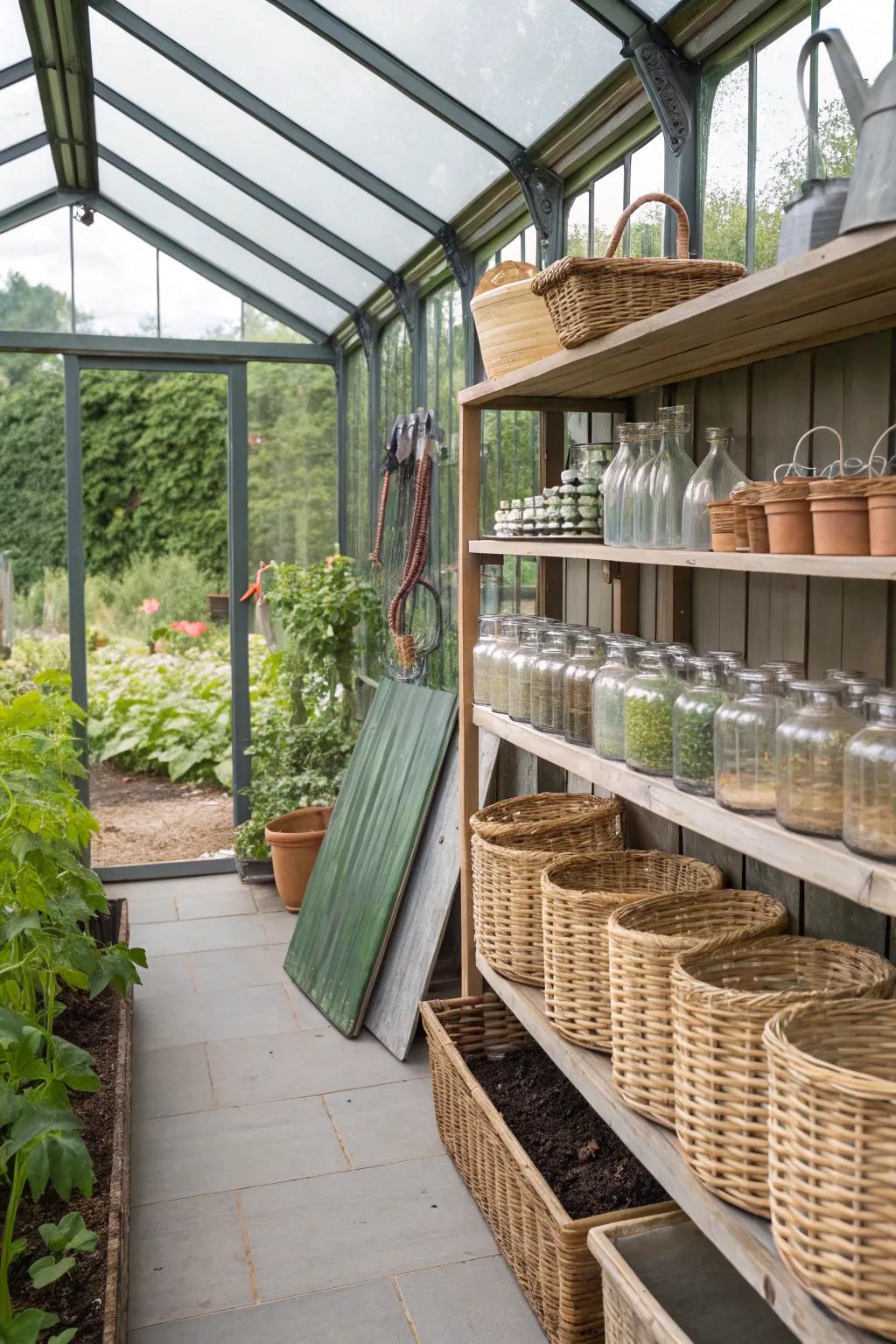 Stylish storage solutions keep your greenhouse organized and attractive.