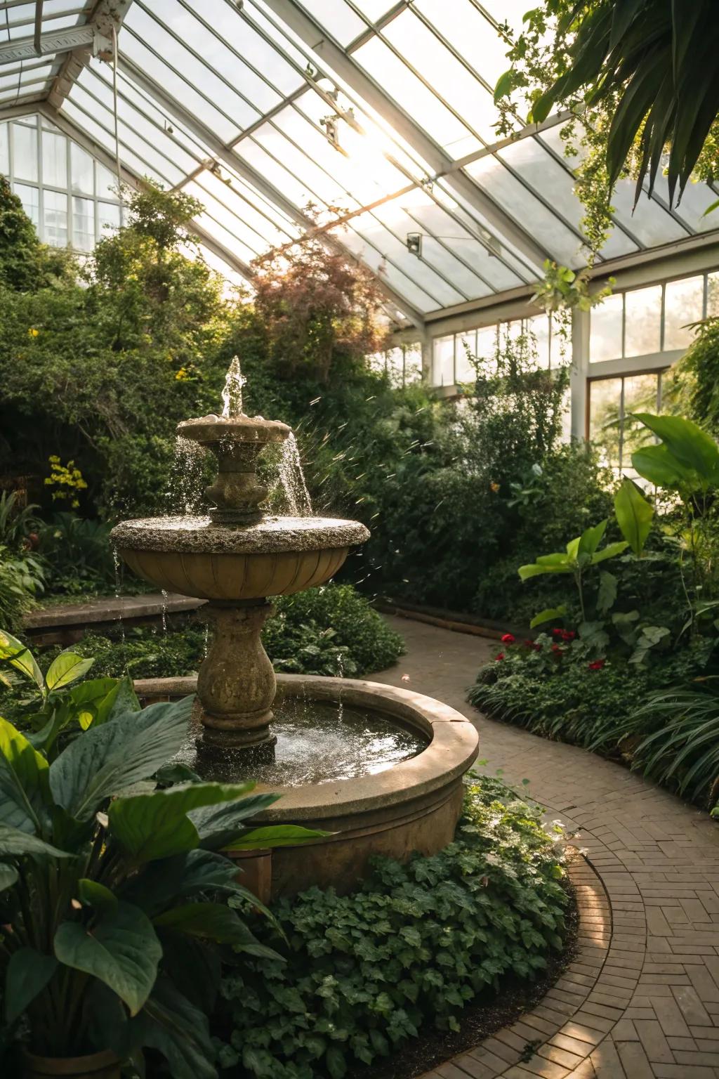 Tranquil greenhouse with a calming water feature.