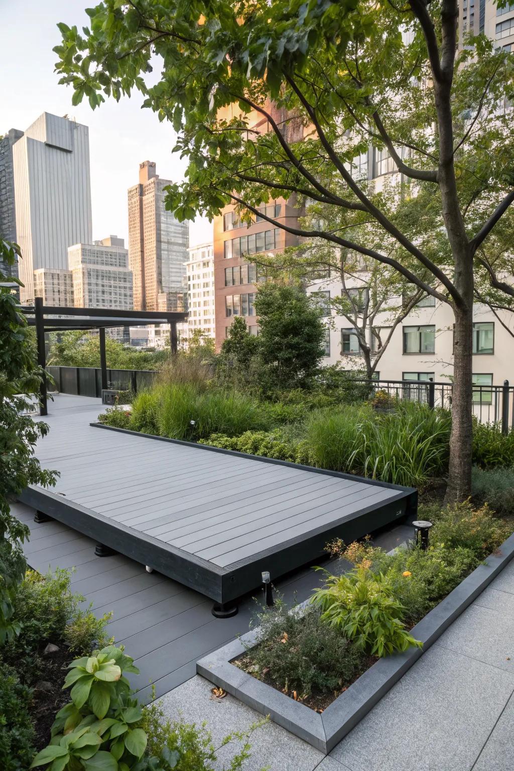 A floating grey deck, offering a sleek and modern outdoor experience.
