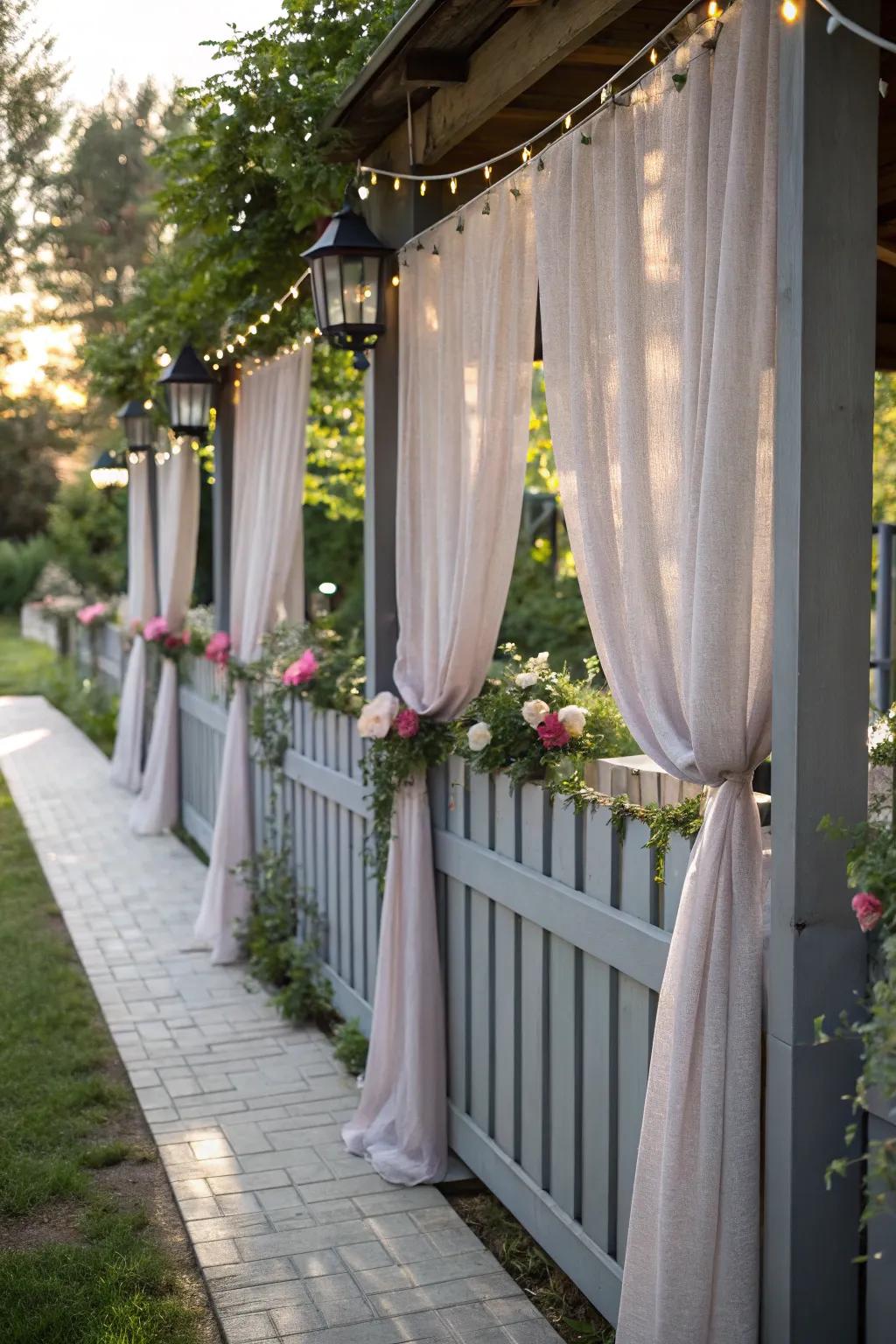 Introduce soft textures with fabrics on grey fencing.