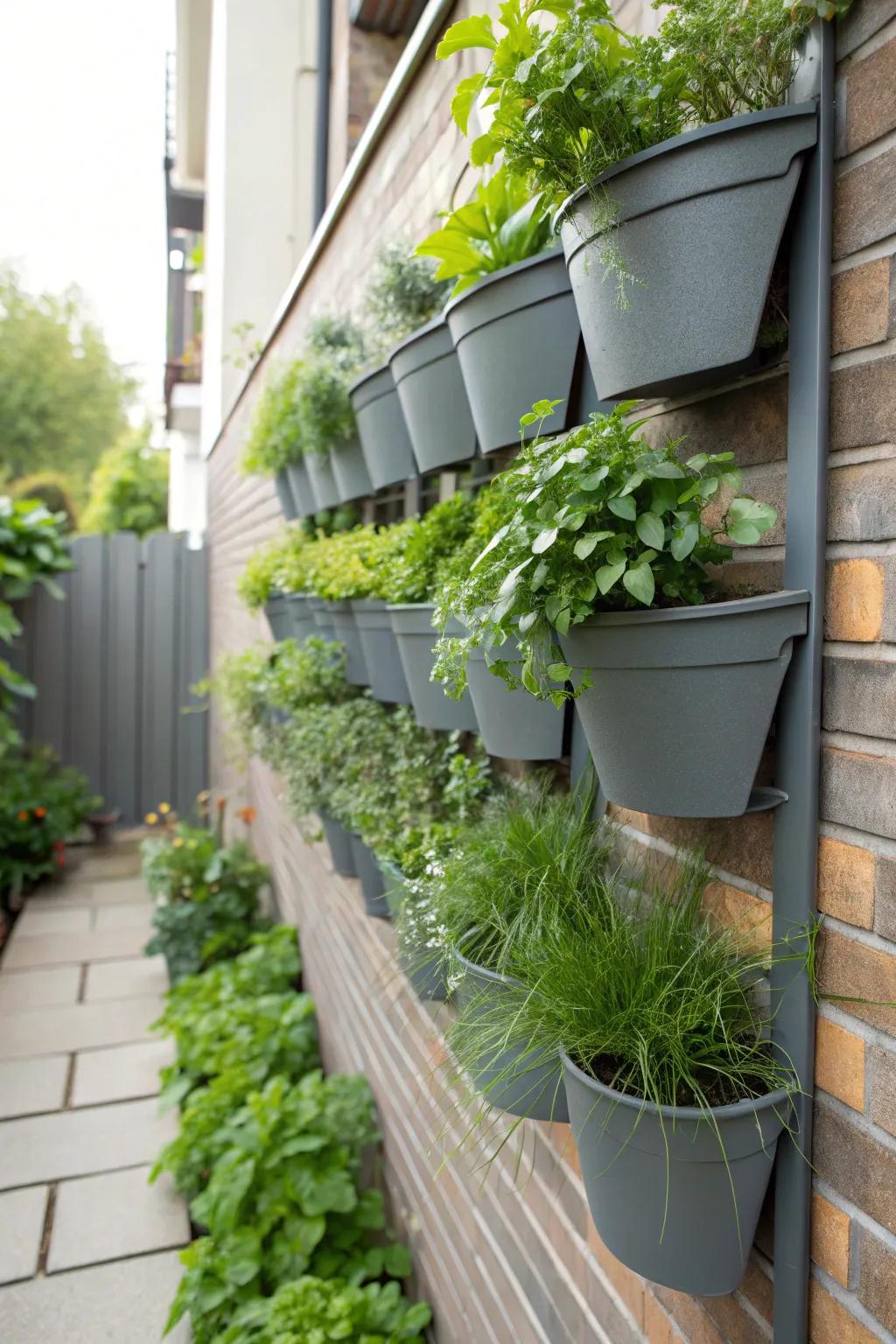 A vertical garden using grey planters to create a lush, space-saving display.