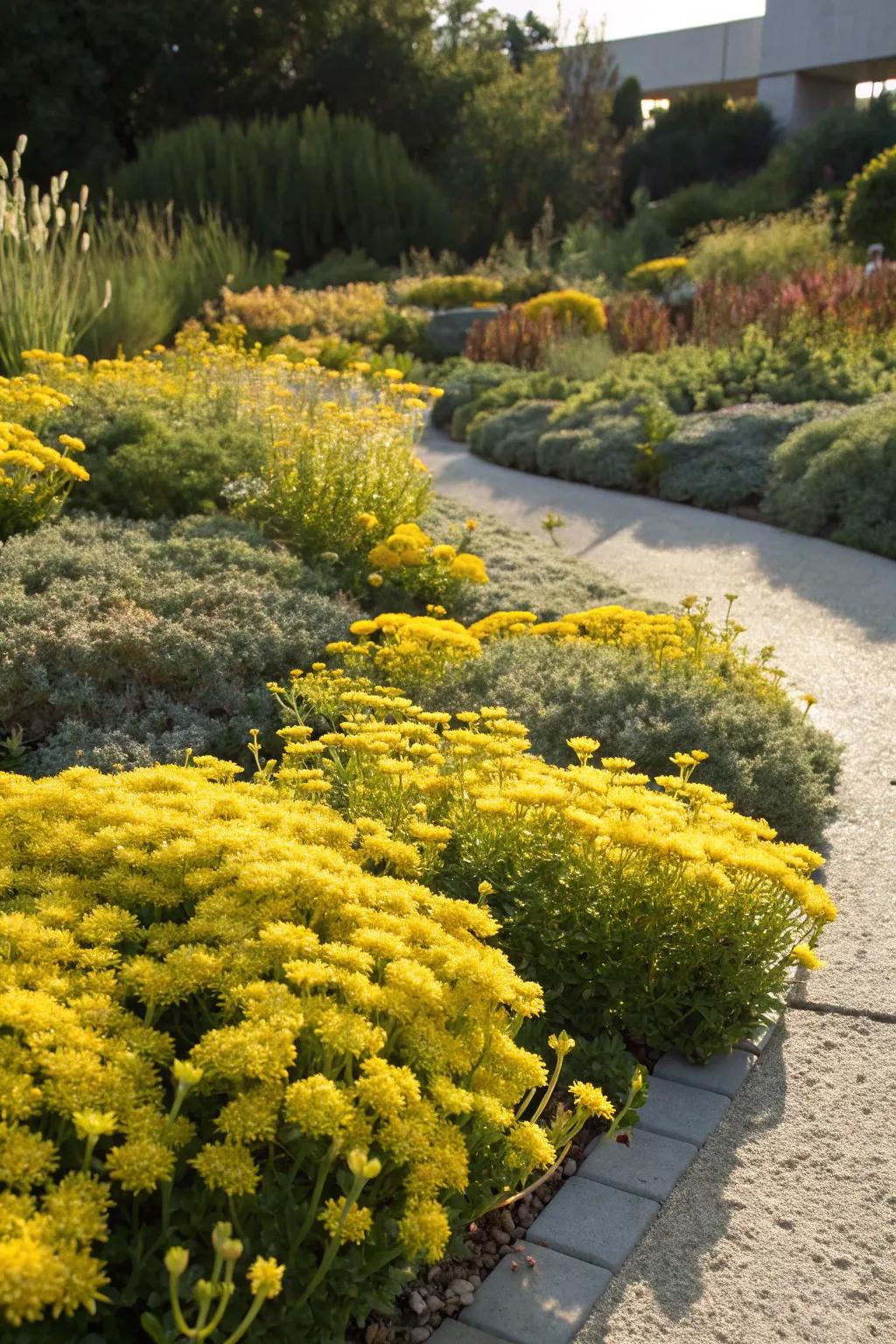 Golden carpet sedum offers a vibrant, easy-care ground cover for sunny areas.