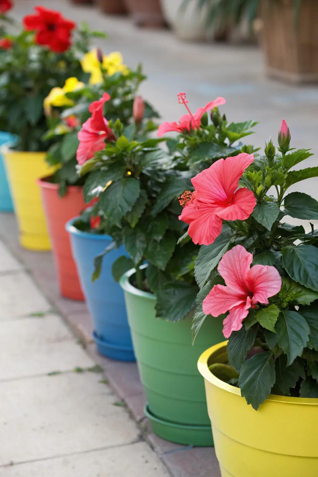 Coordinated colors create a harmonious hibiscus garden scene.