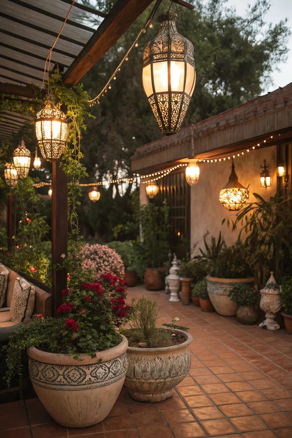 Vintage finds like lanterns and planters add character to the patio.
