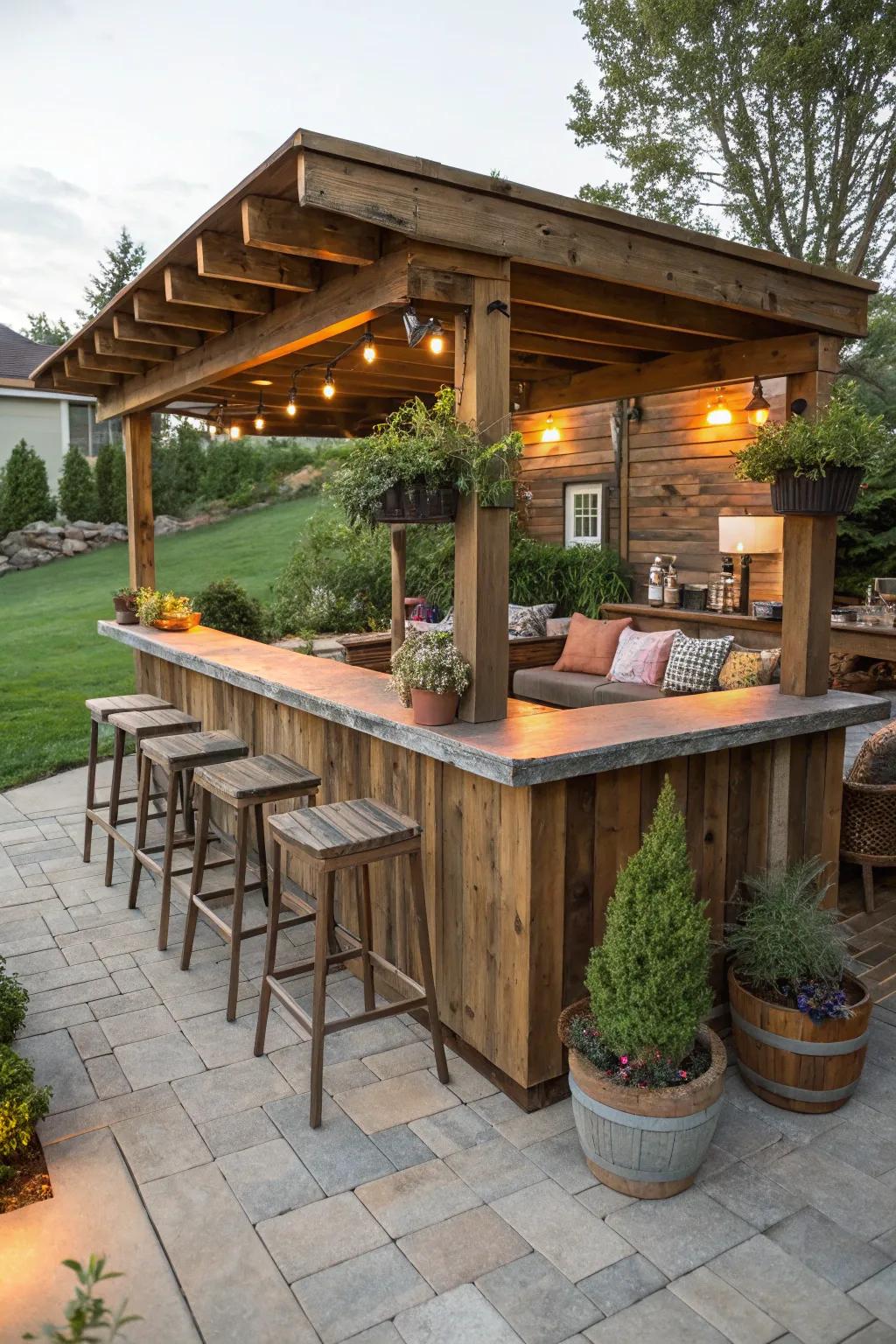 A rustic outdoor bar enhances the patio's entertaining potential.