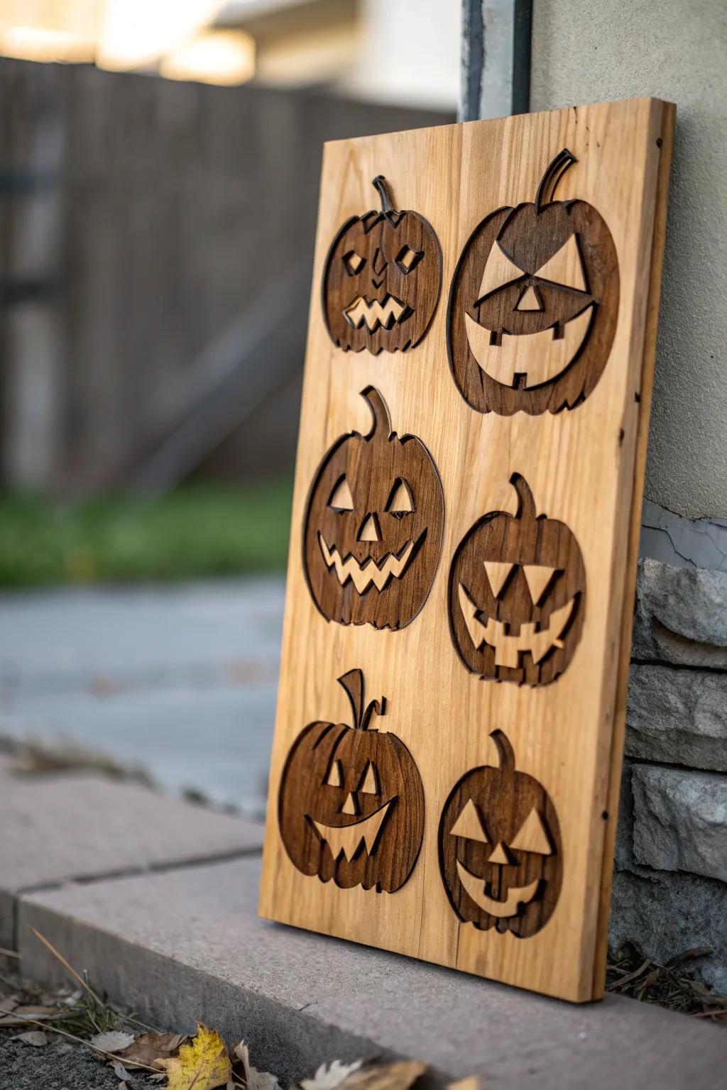 A jack-o'-lantern themed sign for festive fun.