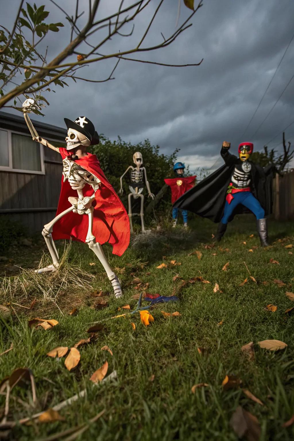 Costumed skeletons bring a colorful and imaginative flair to your Halloween yard.