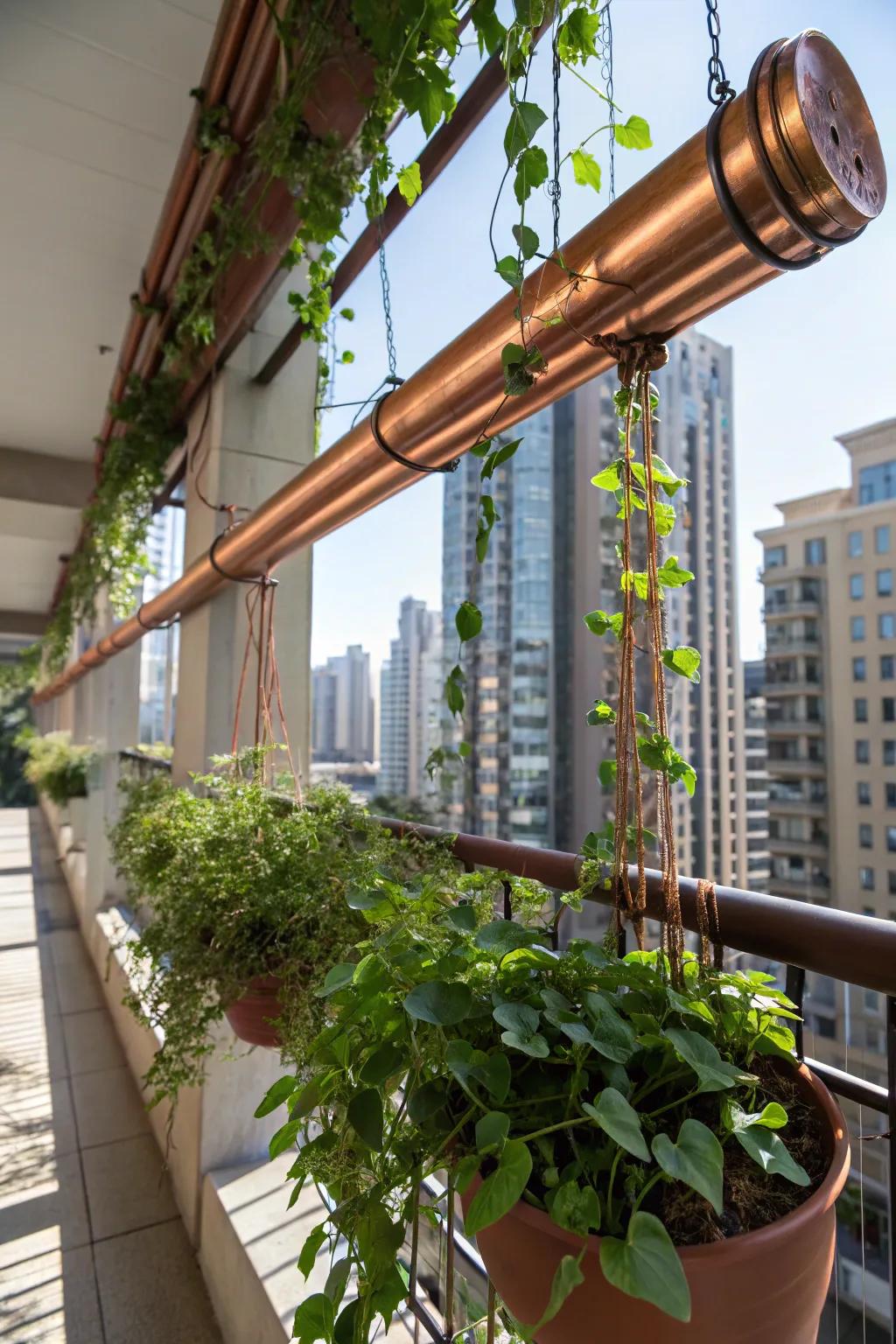 Copper pipes create a modern hanging planter system.