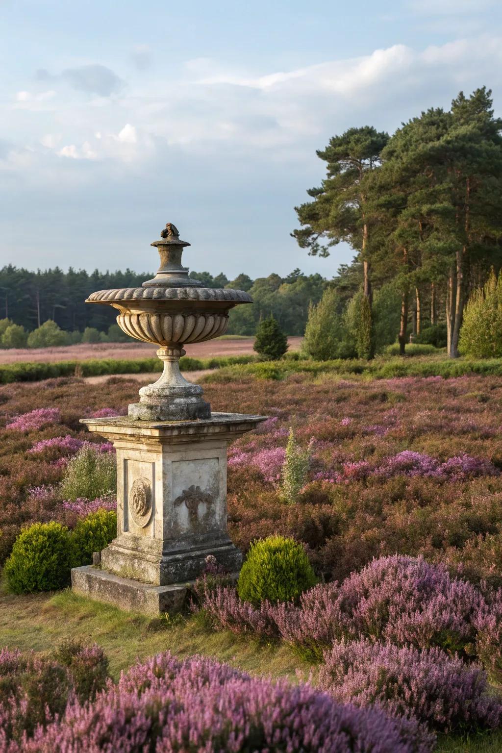 Artistic garden sculpture complemented by heathers.