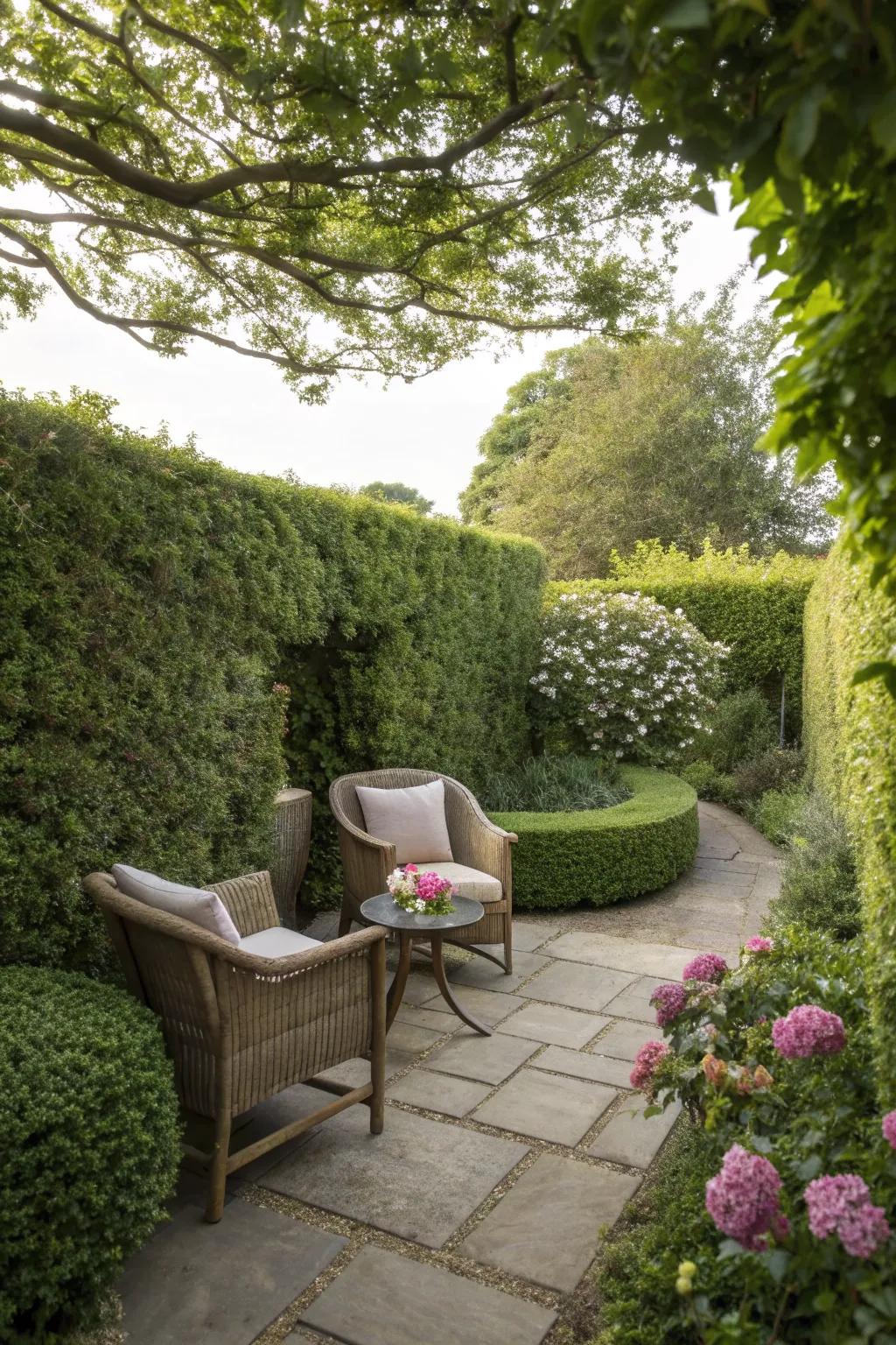 Hedges create inviting, secluded spots for relaxation.