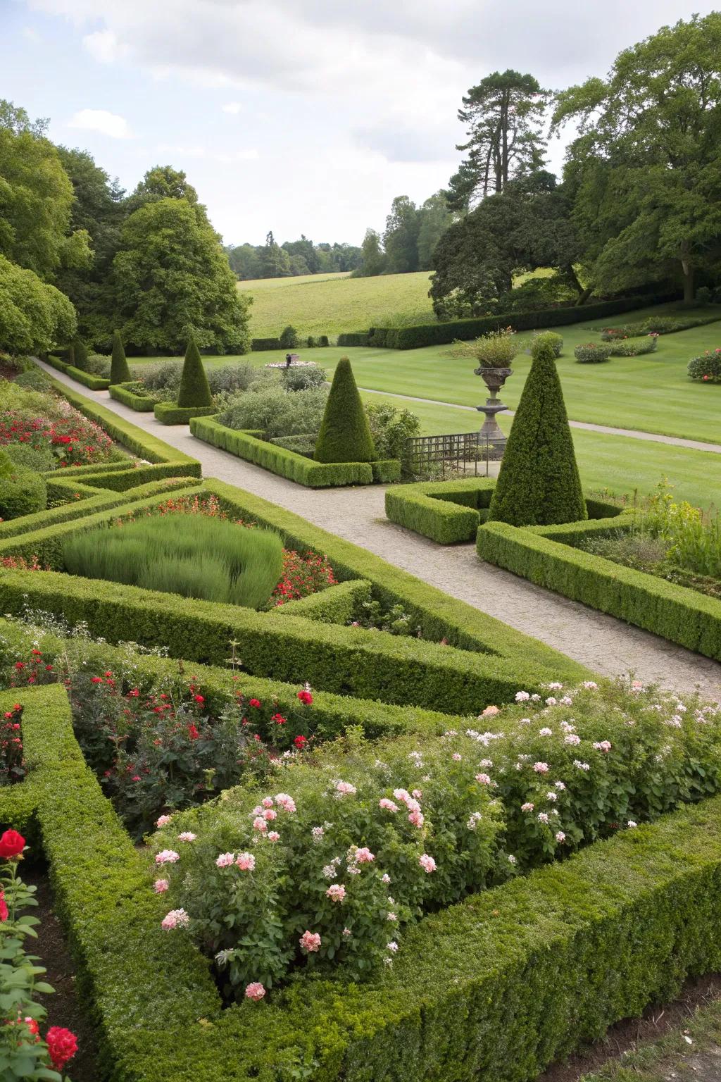 Achieve balance and order with symmetrical hedge designs.