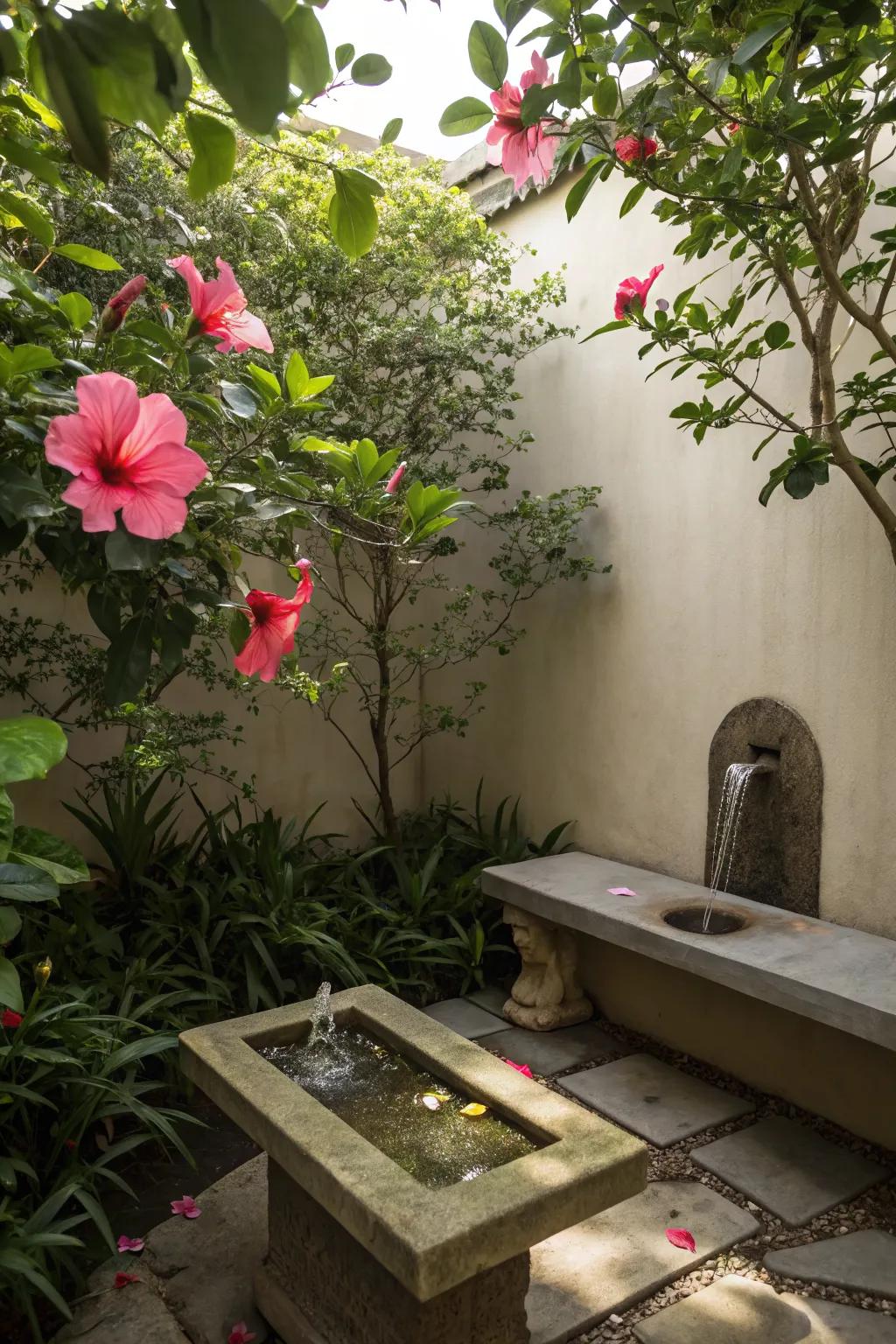 Find peace and tranquility with a hibiscus-centered meditation space.
