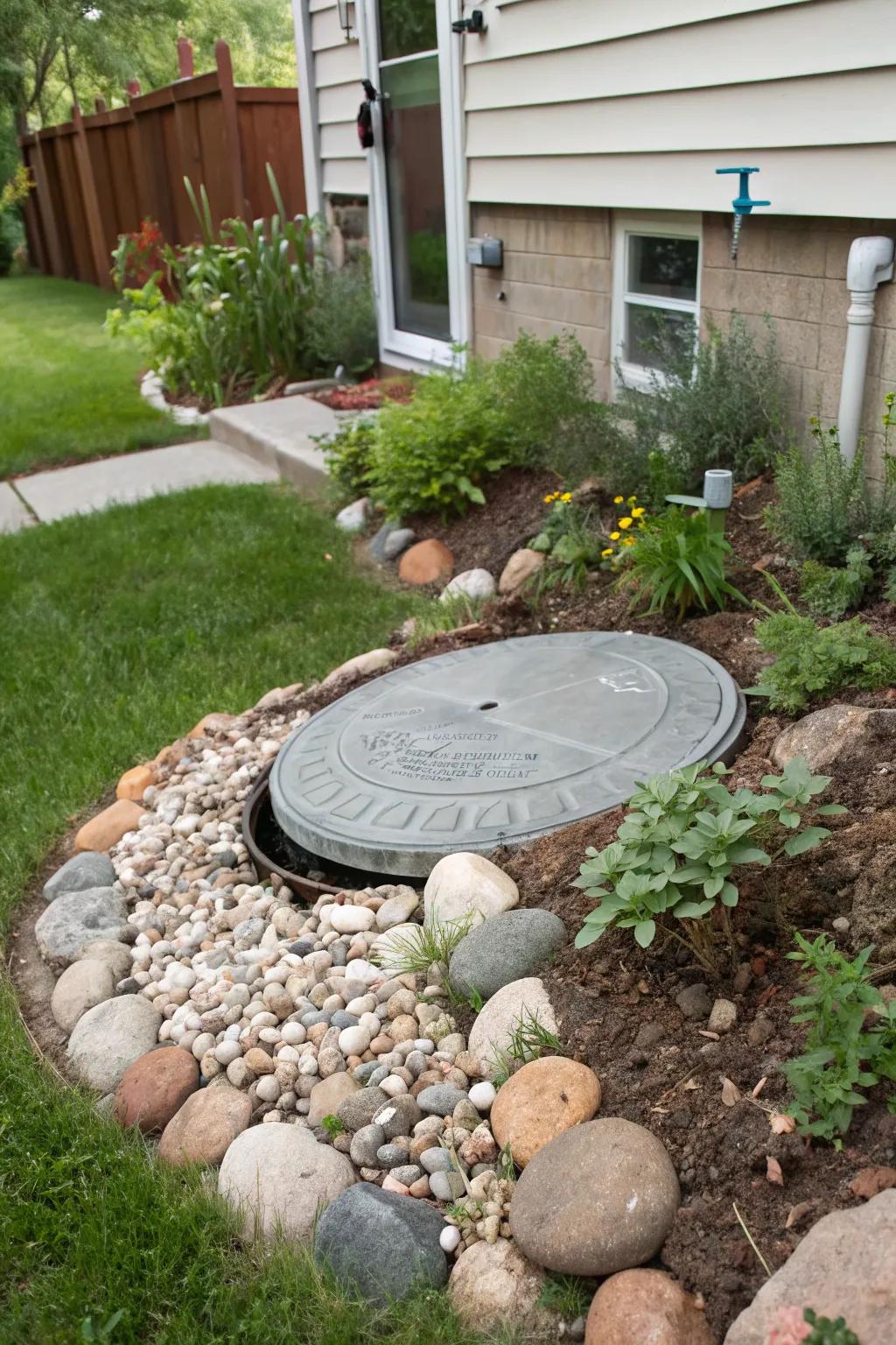 Movable rock gardens offer a flexible and natural way to hide septic tank covers.