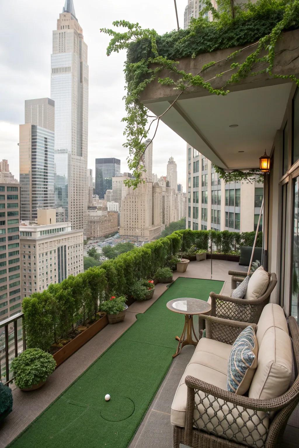A mini putting green adds a playful touch to this high-rise balcony.