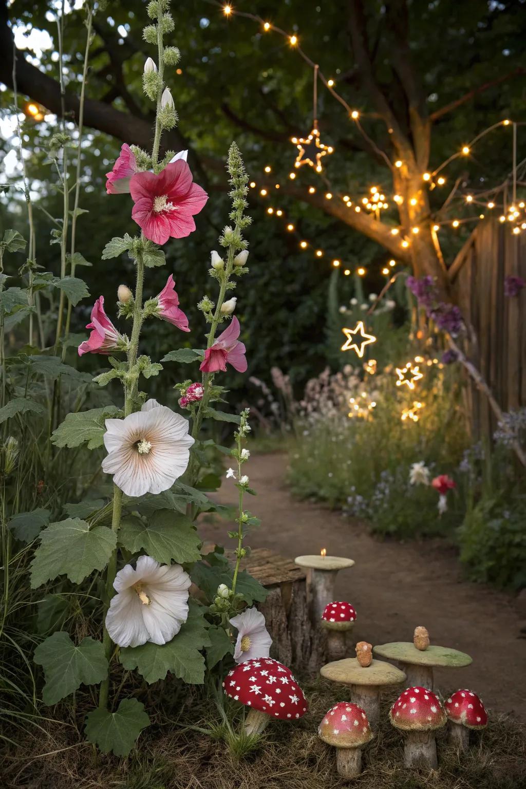 Whimsical hollyhocks adding magic to the garden.