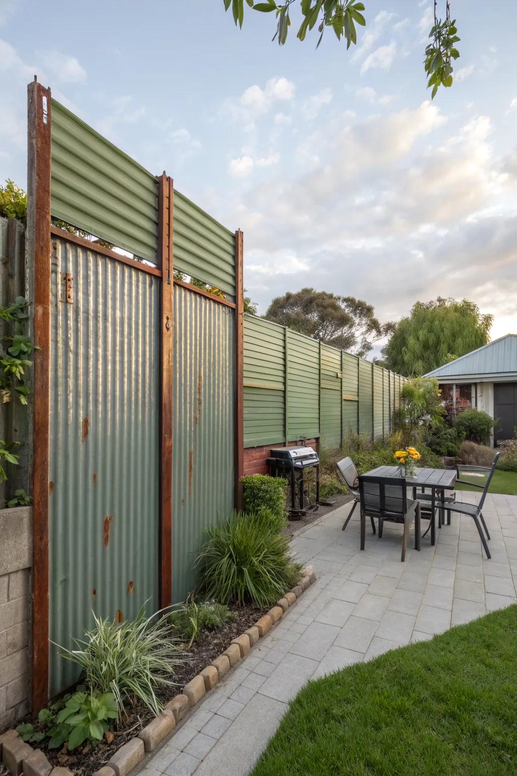 Sliding panels offer convenience and style in a horizontal corrugated metal fence.