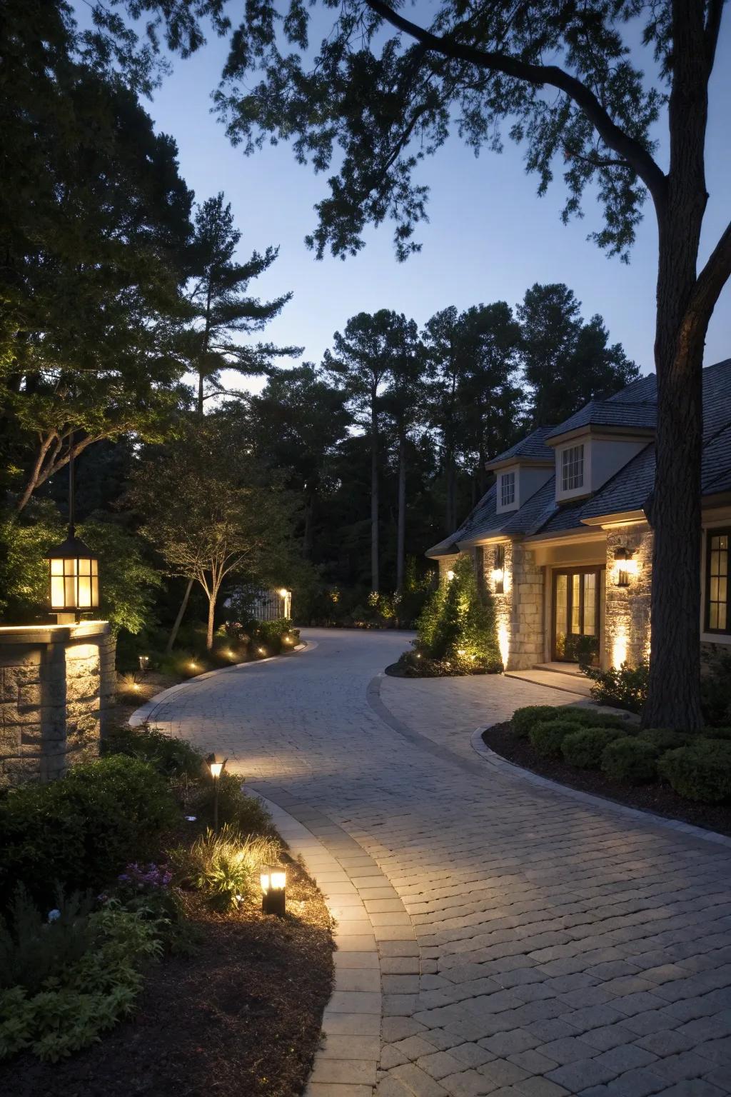 A well-lit horseshoe driveway with an integrated lighting system.