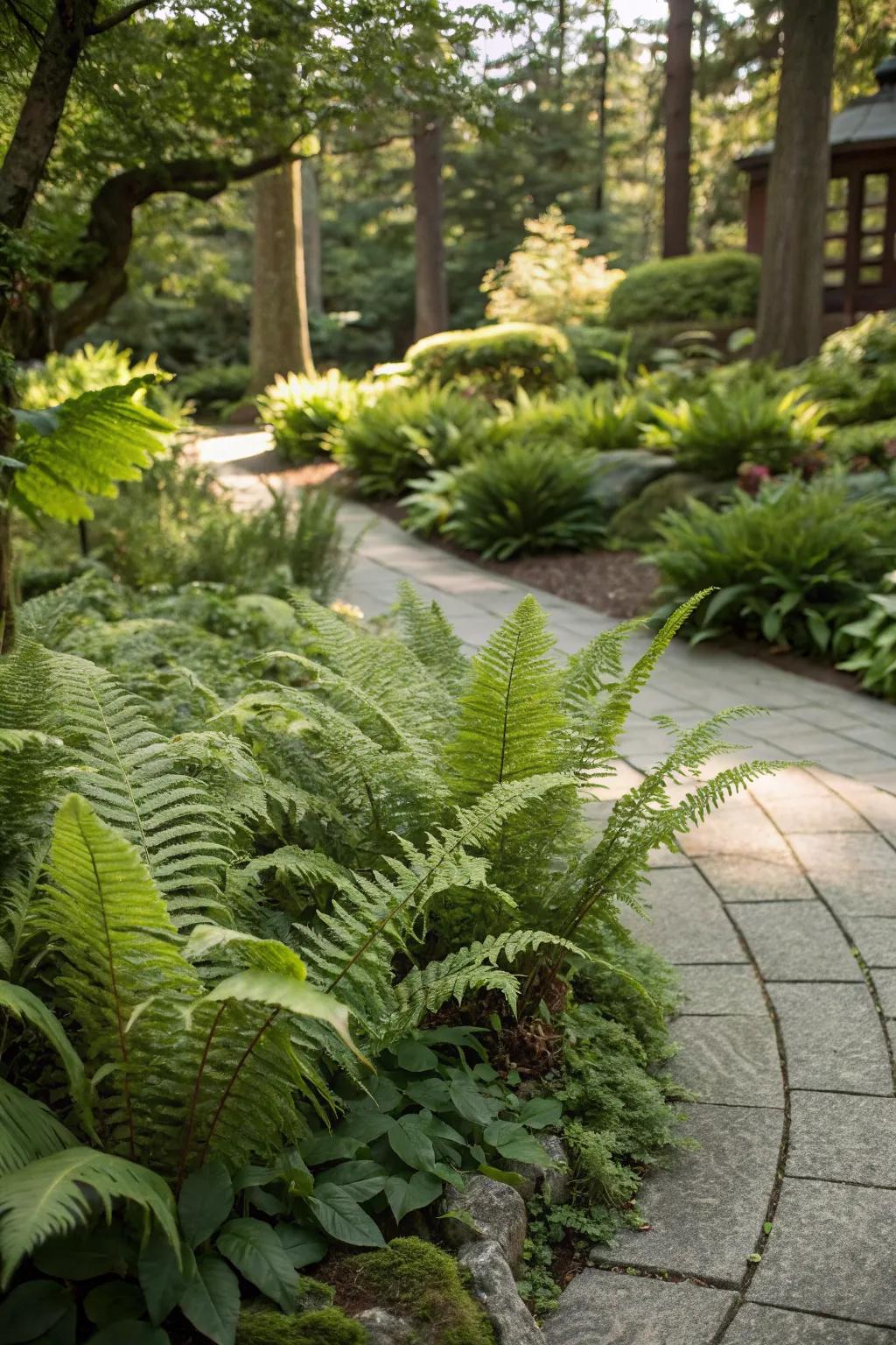 Diverse fern varieties adding texture to the garden.