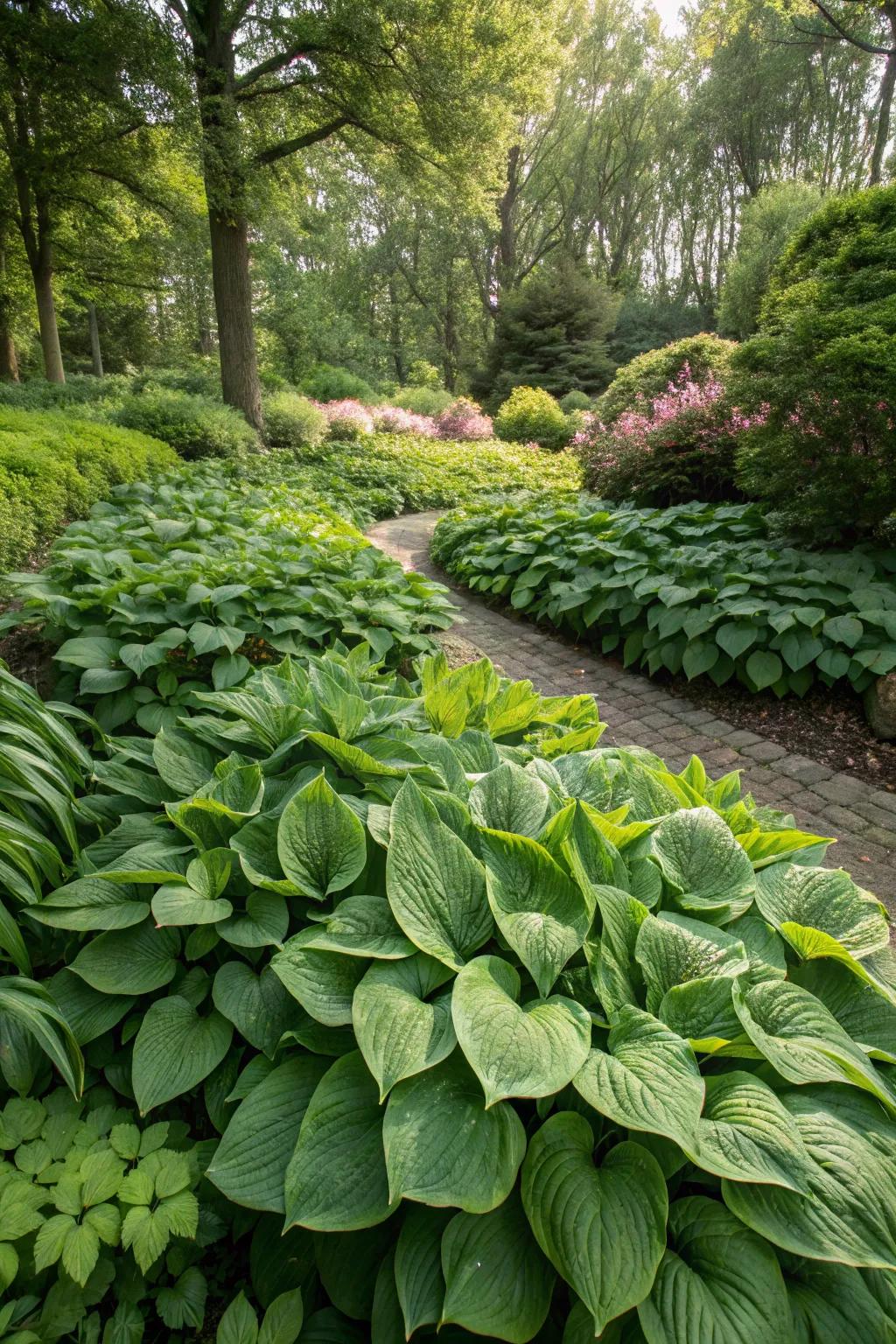 A lush green carpet of hostas covers the garden floor beautifully.