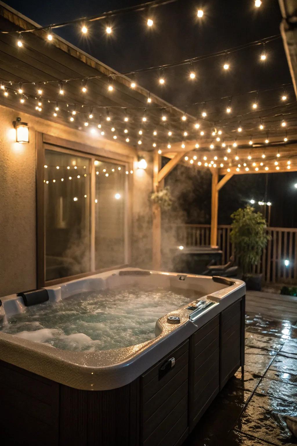 Starry string lights add a magical touch to this hot tub setting.