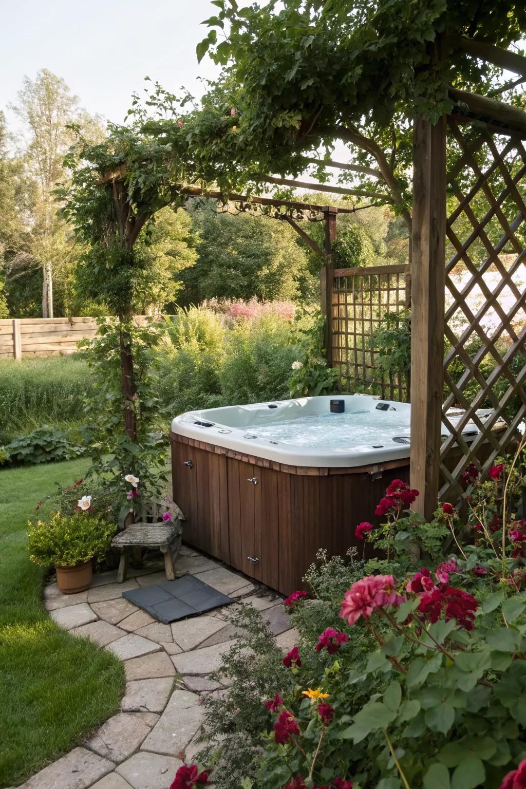 A trellis with vines provides natural shade and beauty.
