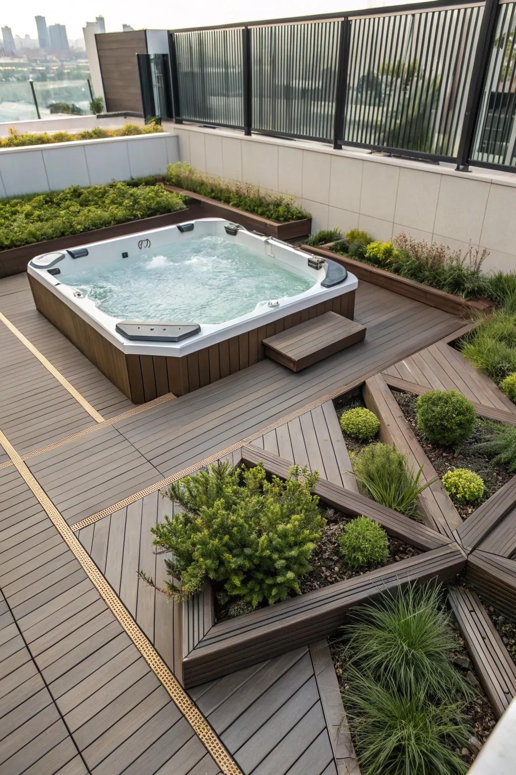 A geometric design offers a modern and visually striking hot tub setup.