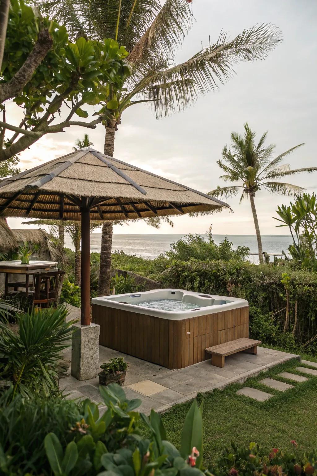 Tropical-style umbrellas create a resort-like ambiance at home.