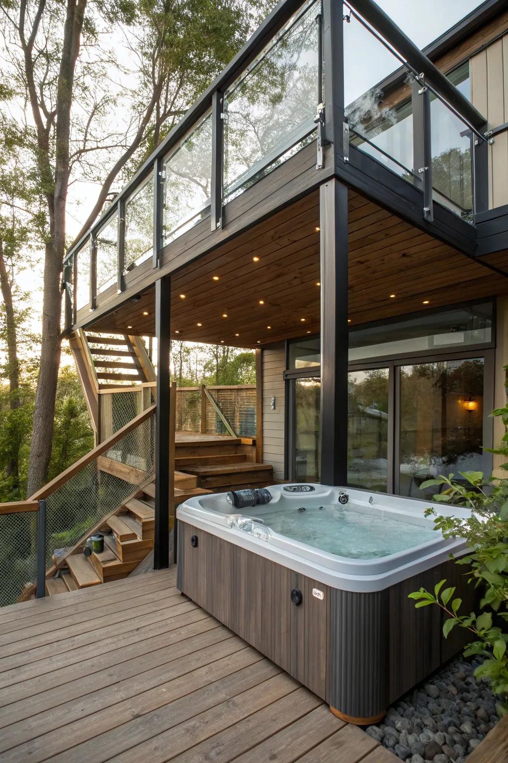 An eclectic mix of materials creates a vibrant hot tub space.