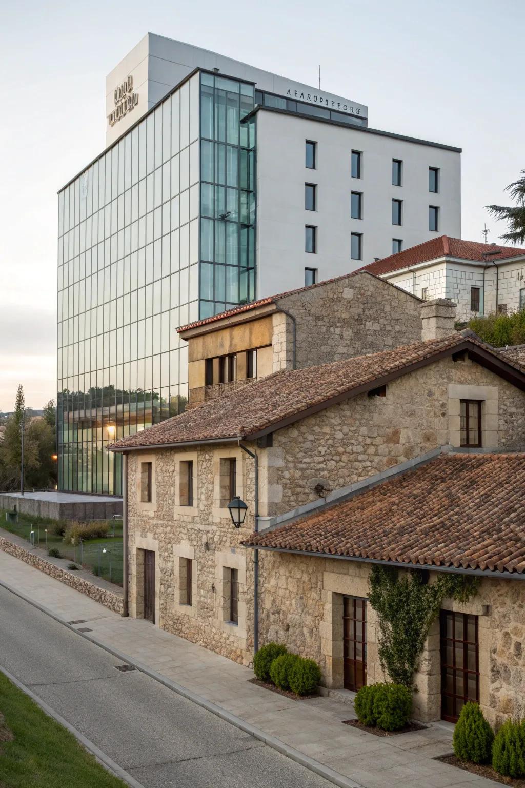 Contrasting styles create a striking and memorable hotel facade.