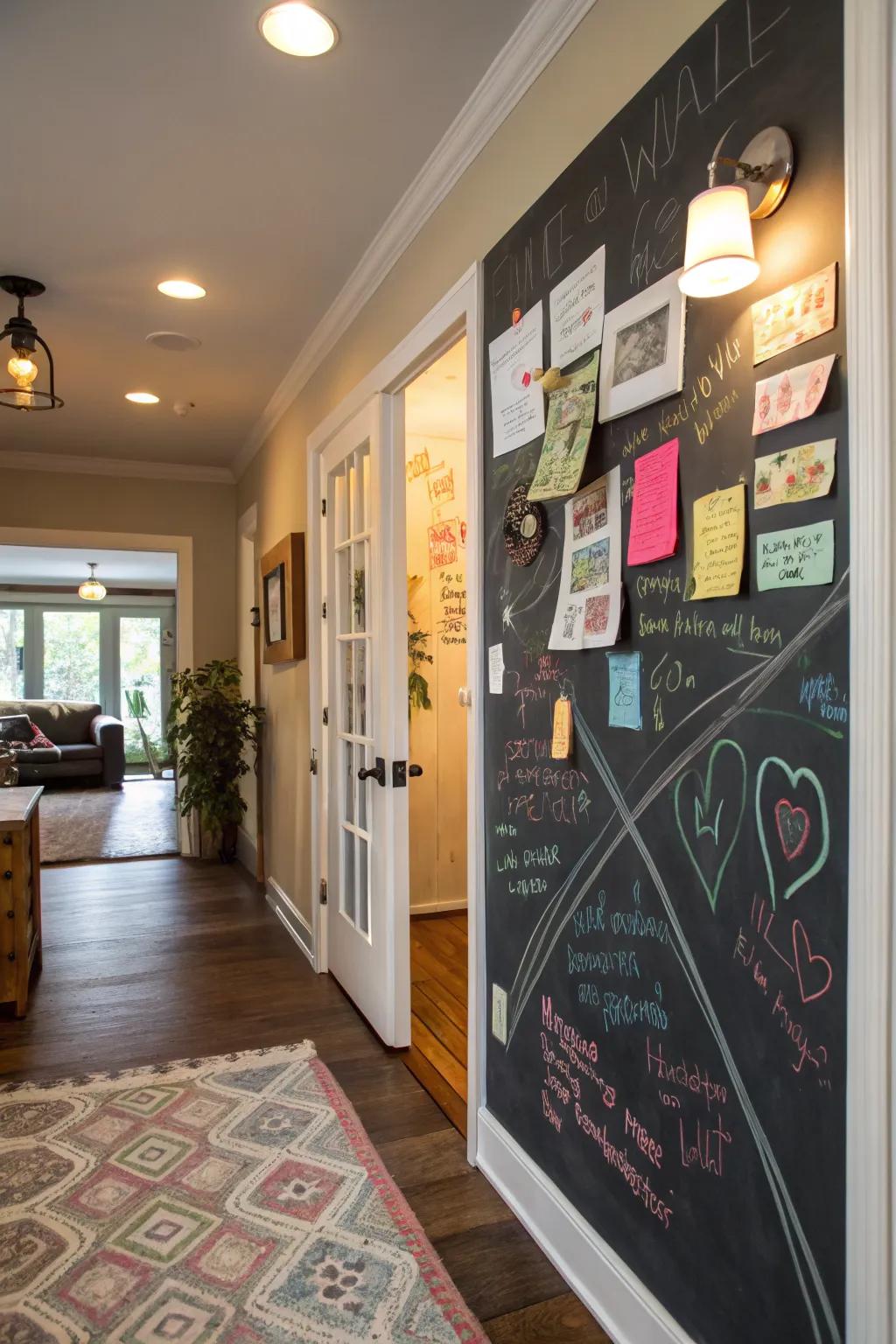 A chalkboard wall adds a playful and interactive element to the entryway.