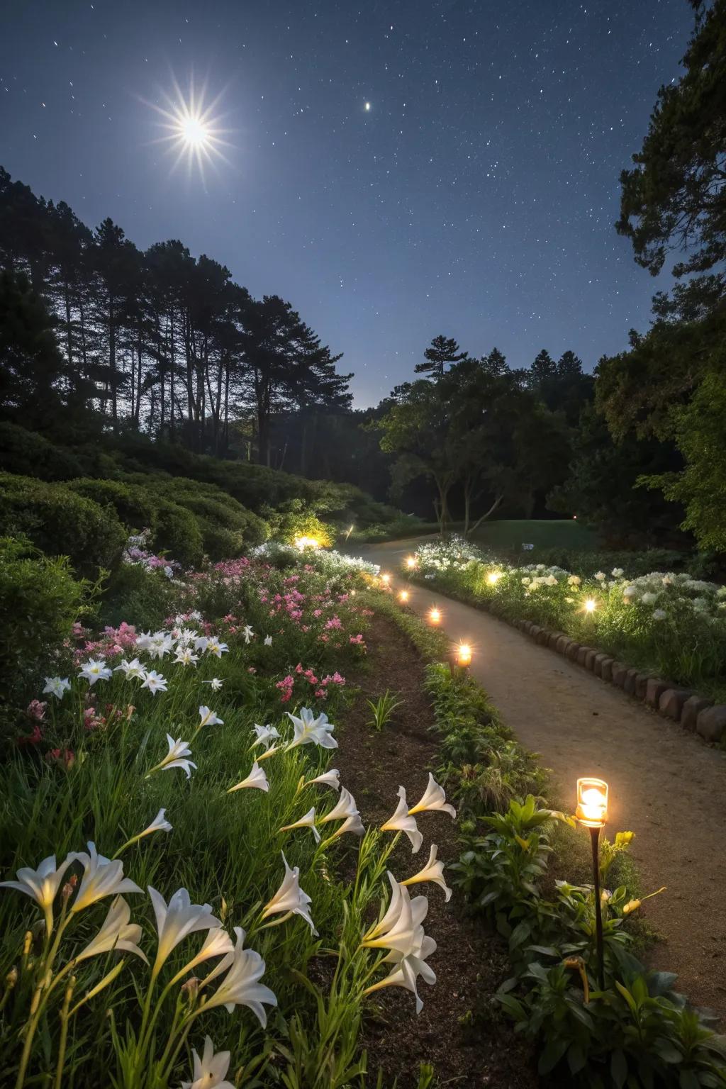 Moon gardens glow beautifully in the evening.
