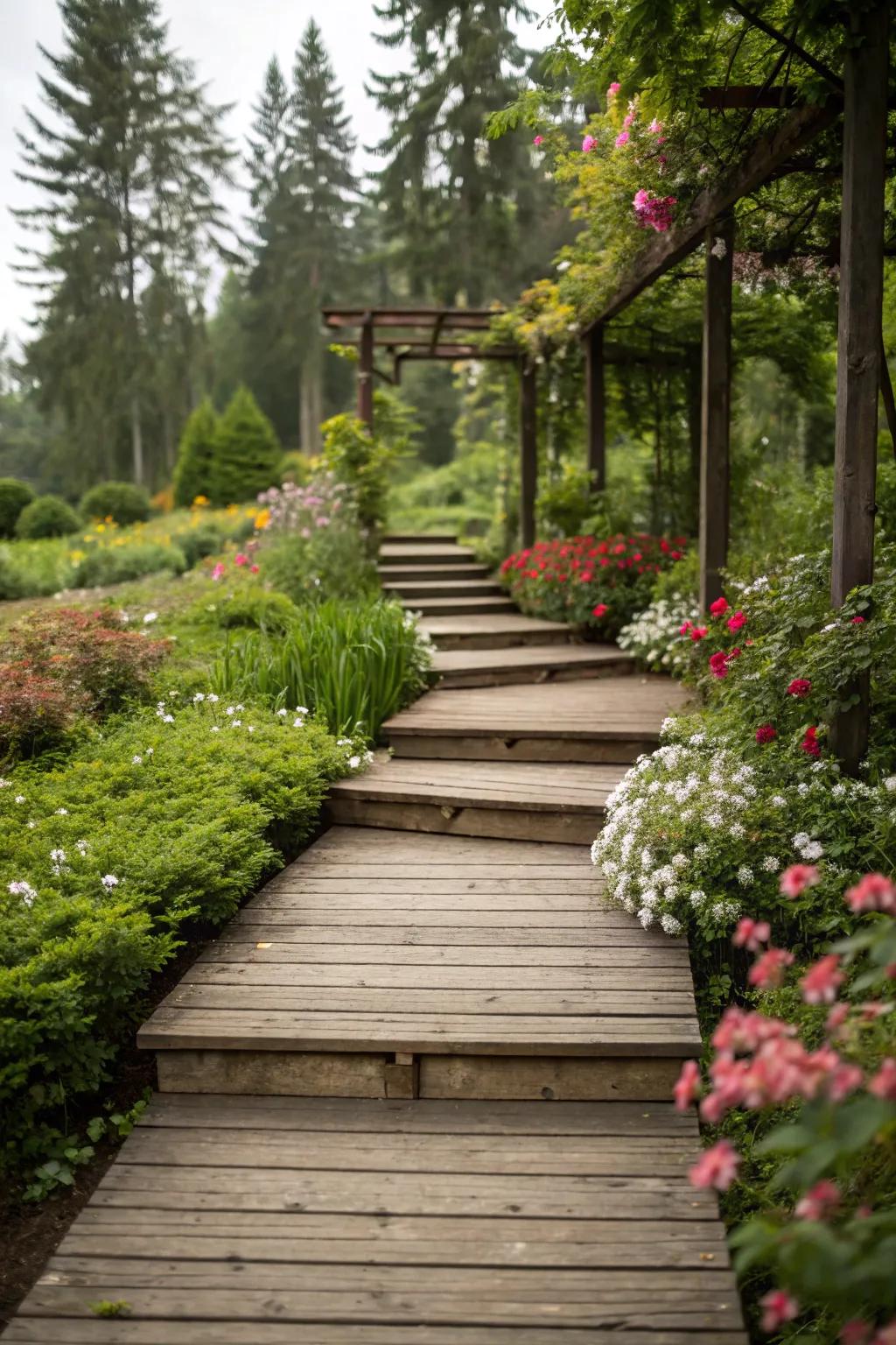A floating deck pathway offers style and function, seamlessly connecting garden levels.