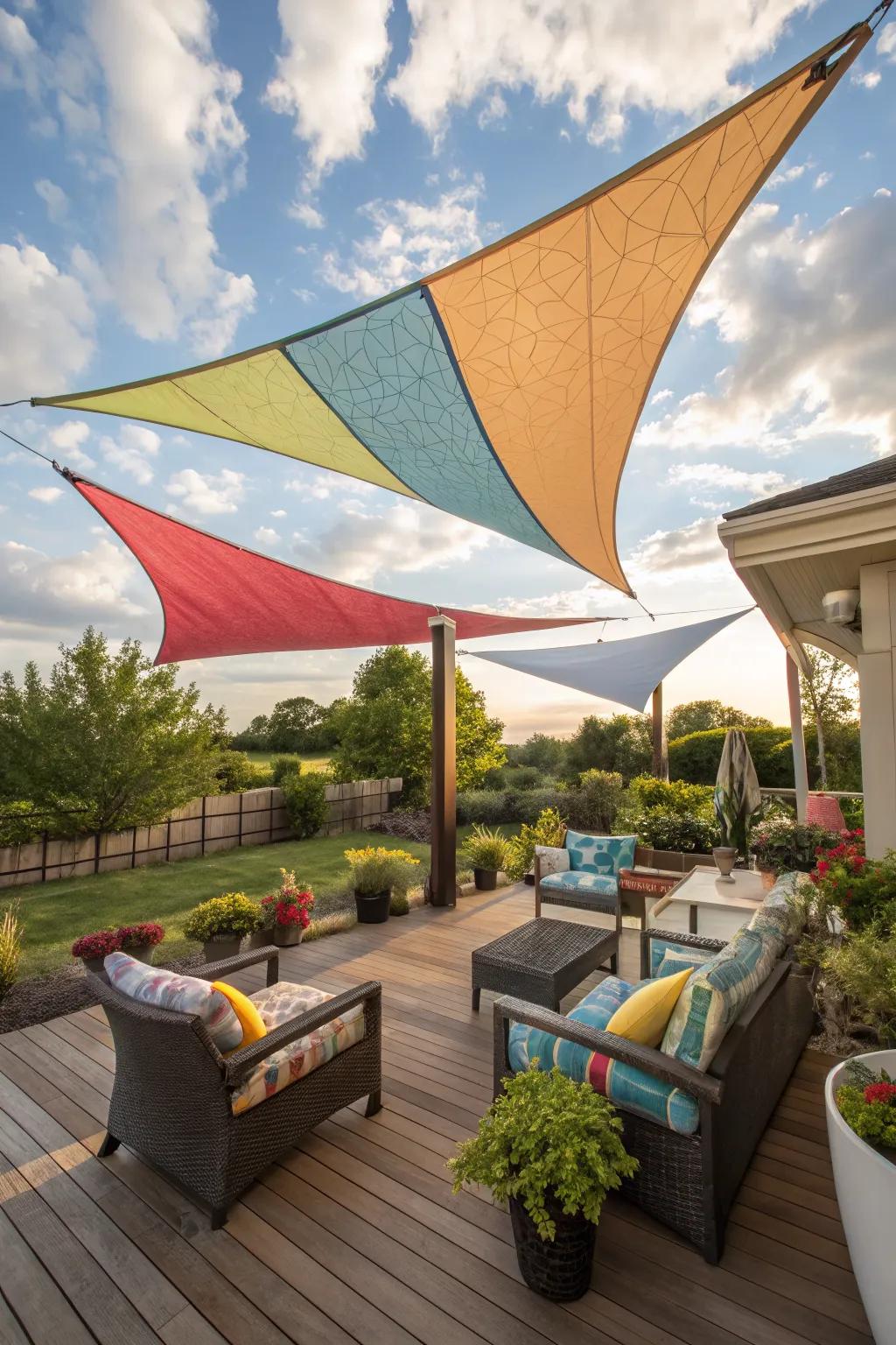 Artistic shade sails add style and sun protection to the patio.