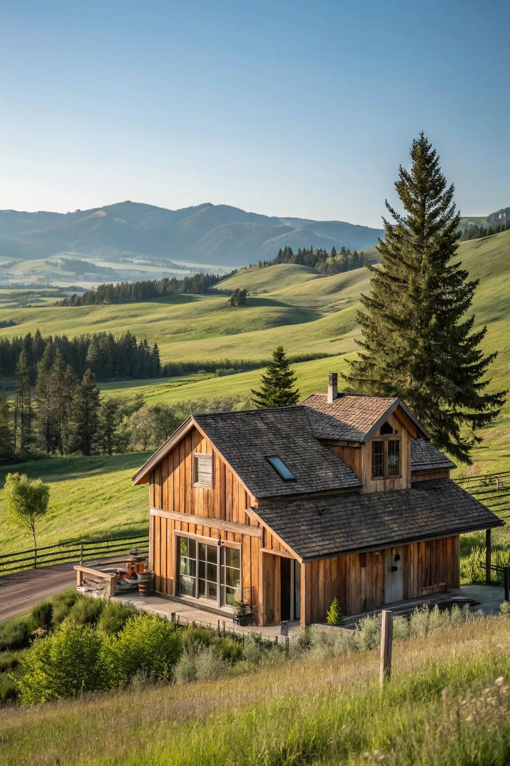 Reclaimed wood siding adds rustic charm and sustainability.