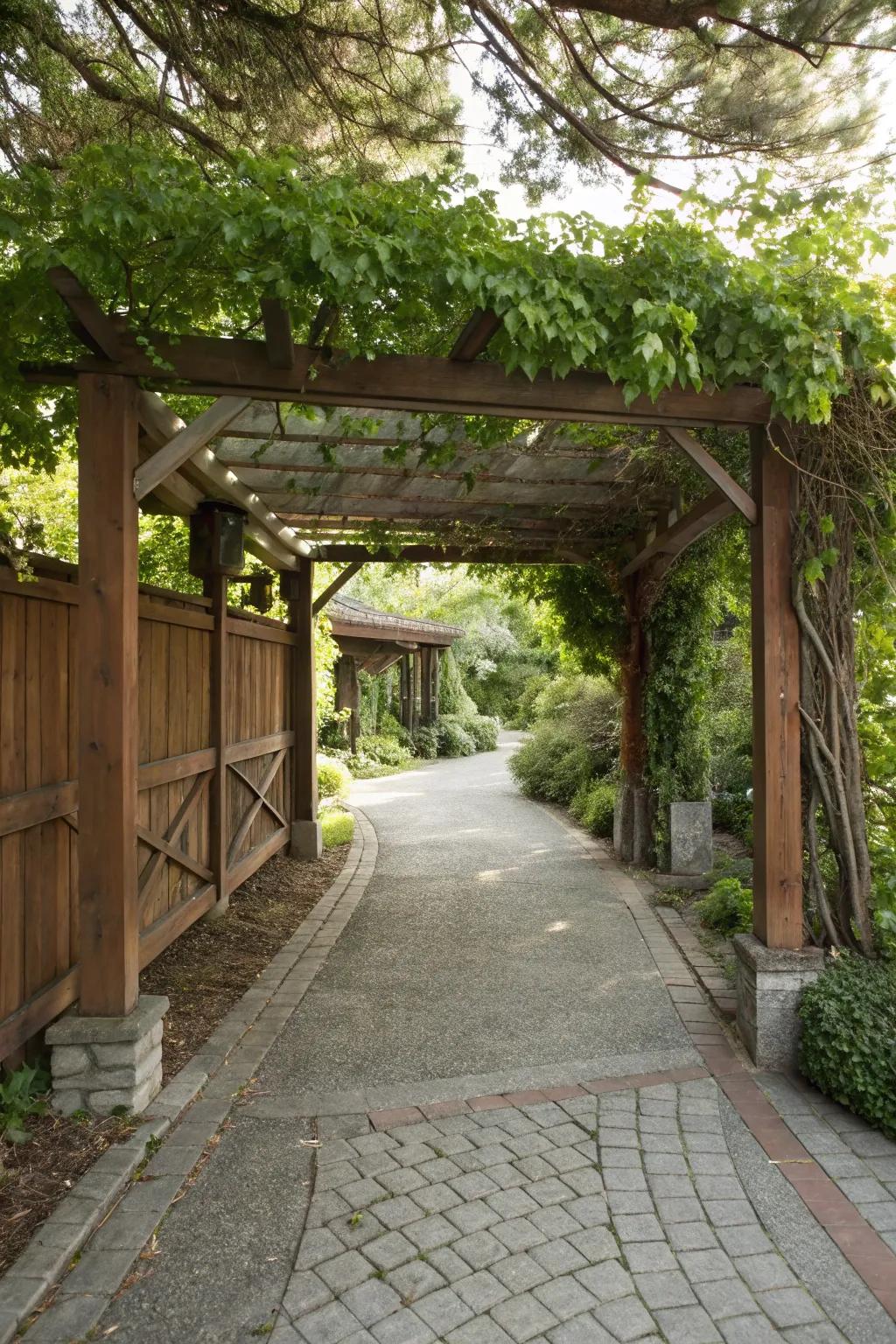A dramatic pergola adding shade and style to the driveway.