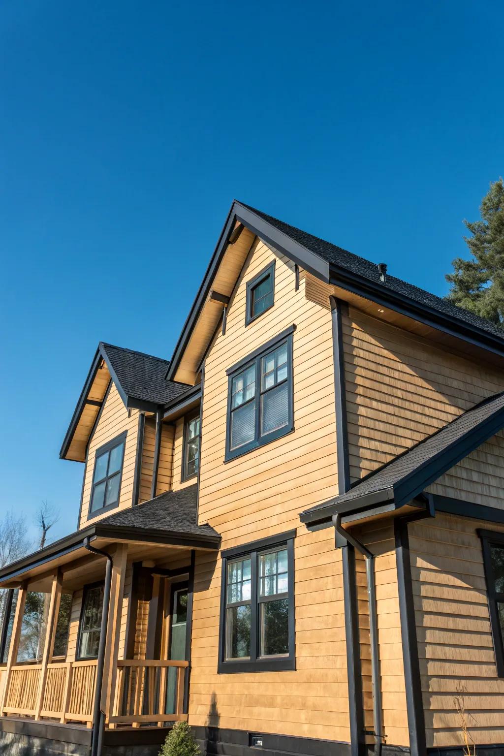 A home featuring light wood siding contrasted with dark trim.