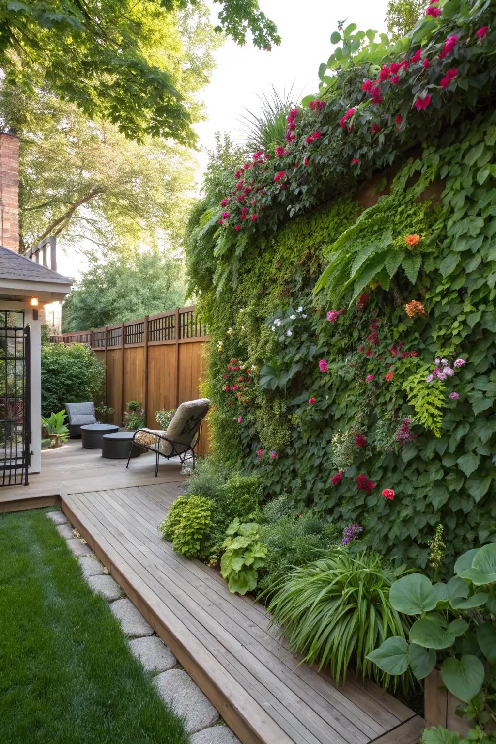 A vibrant living wall offering both shade and greenery in a backyard setting.