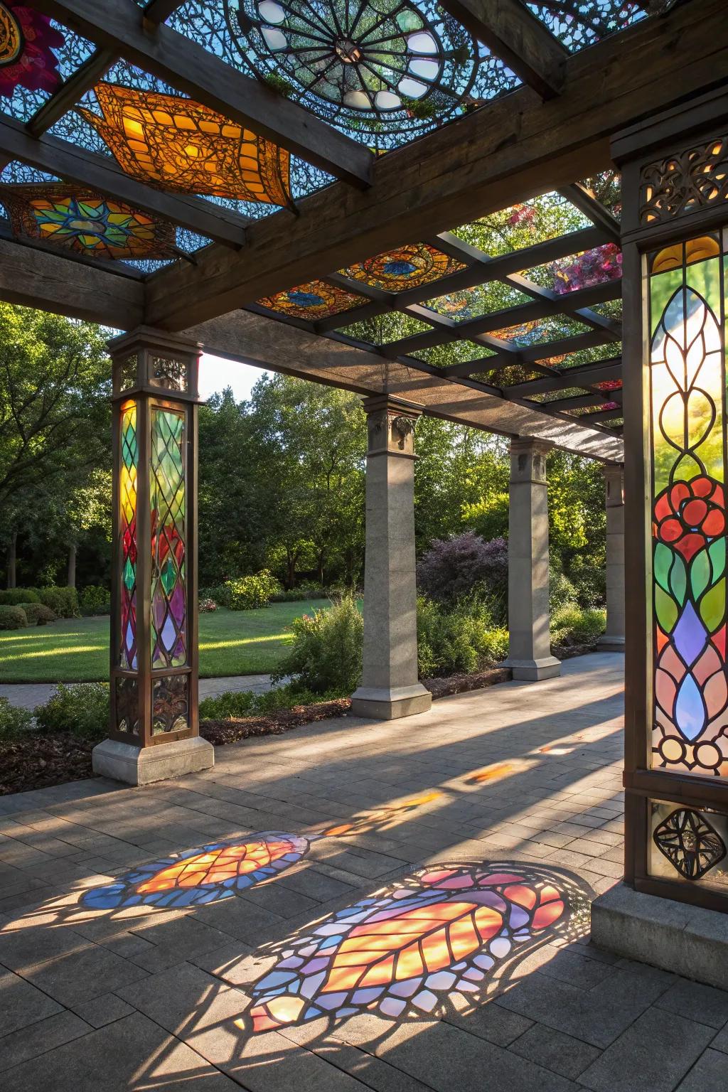 Stained glass creates a colorful display.