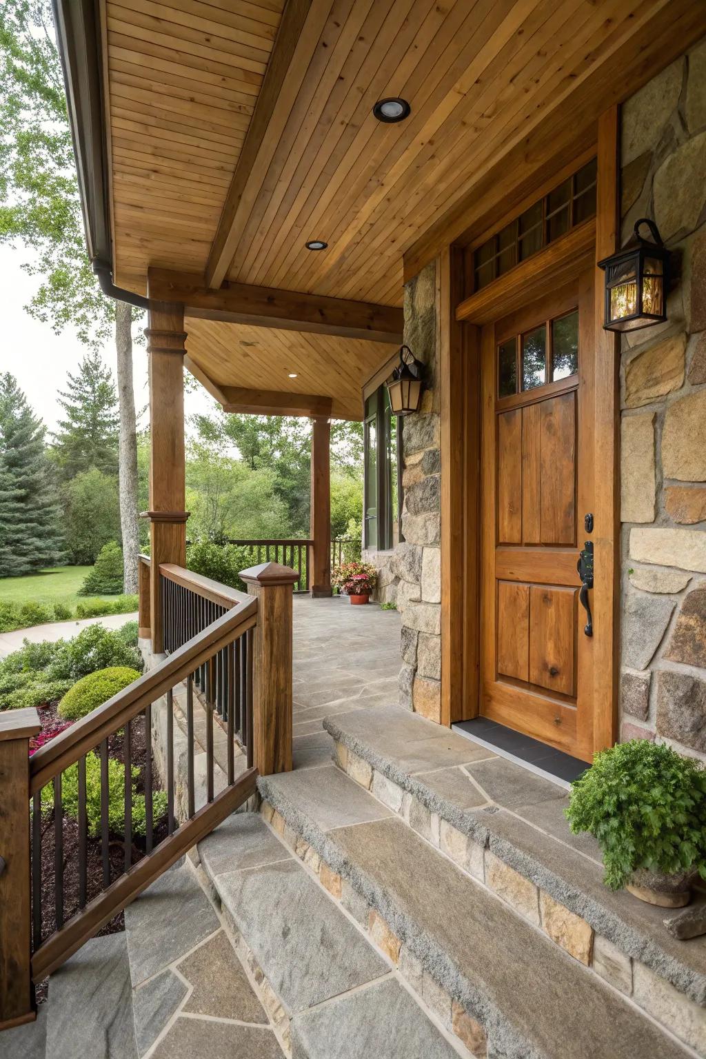 Natural textures of wood and stone on a front porch.