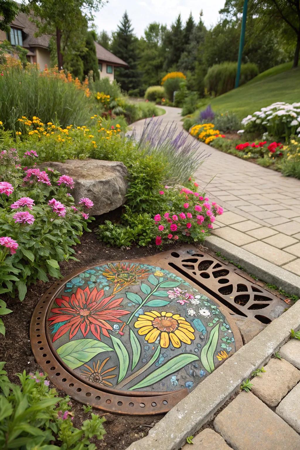 A painted drain cover adds artistic flair to your garden.
