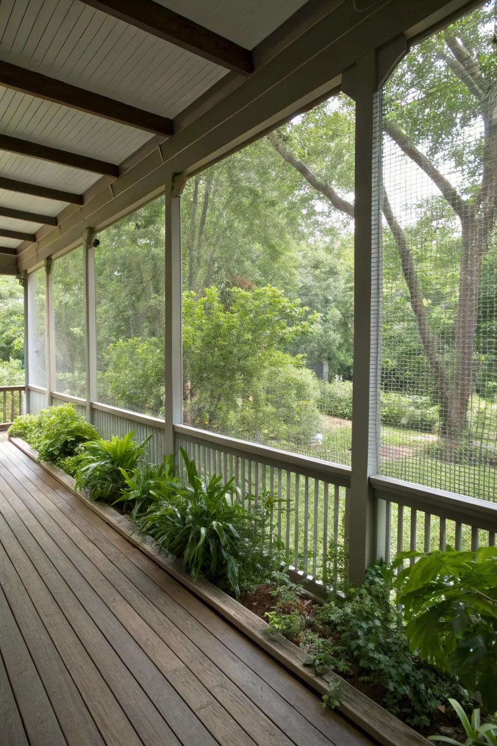 A porch with privacy mesh for a secluded retreat.