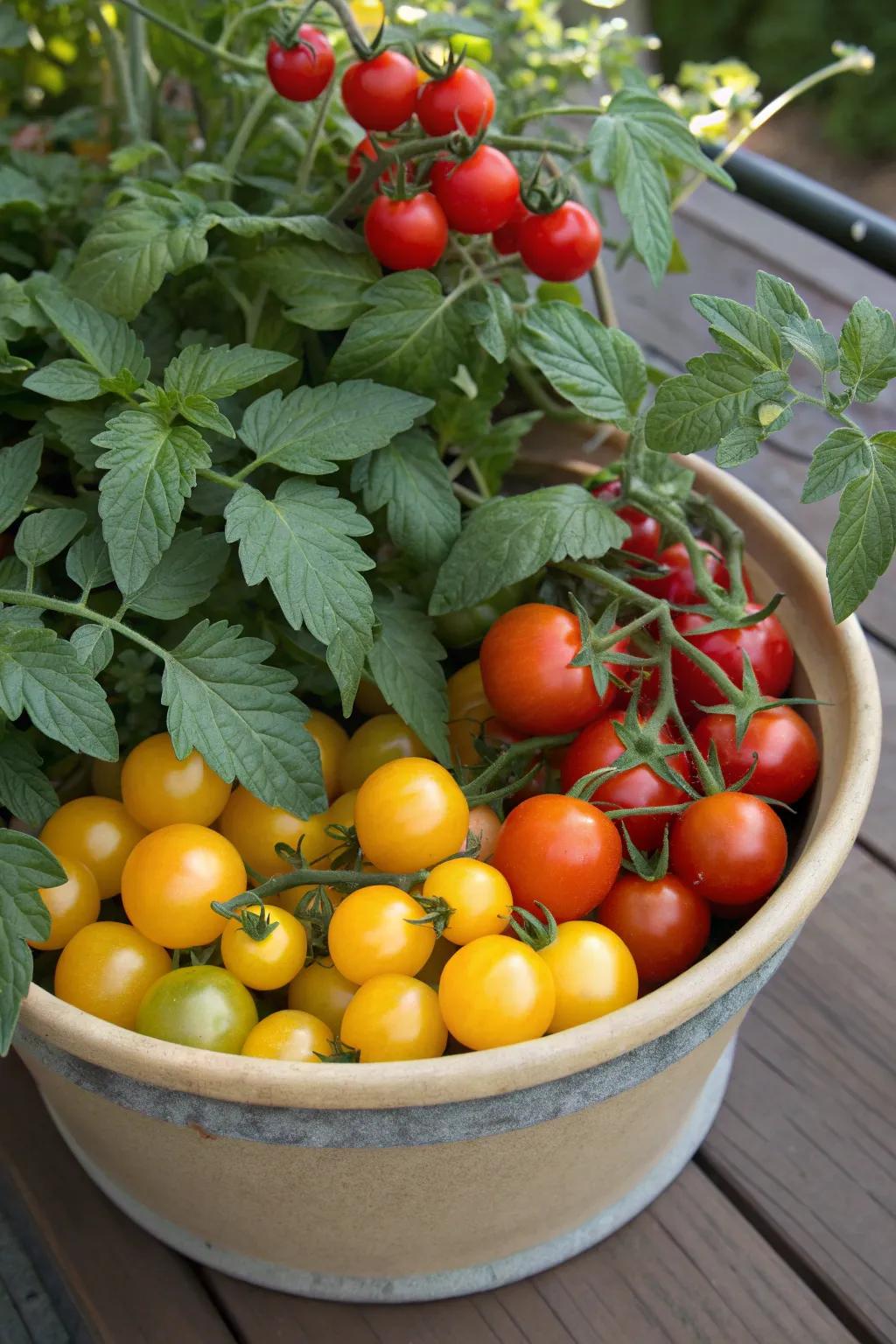 Mixing tomato varieties offers a colorful and diverse harvest.