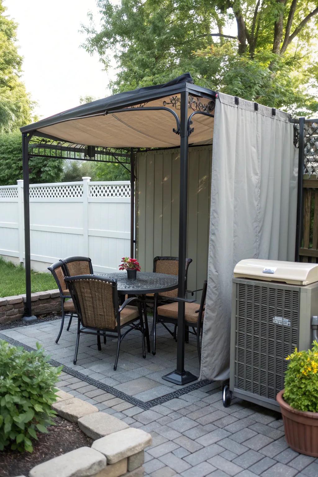 Seats with built-in covers offer a dual-purpose solution for outdoor areas.