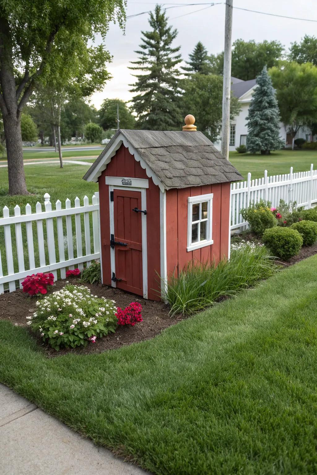 A miniature shed provides a full and quaint disguise.