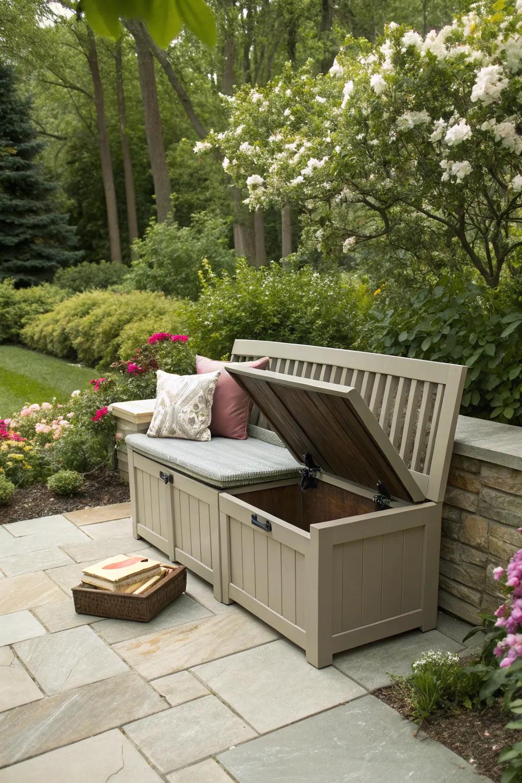 Outdoor furniture with storage cleverly conceals trash bins.