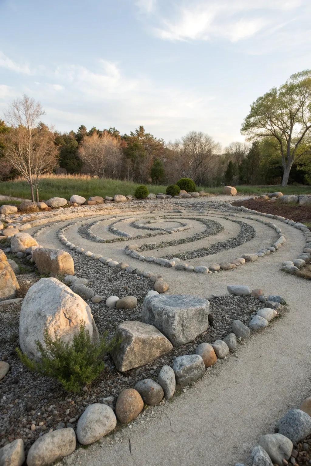 A stone labyrinth offers a meditative walking path.