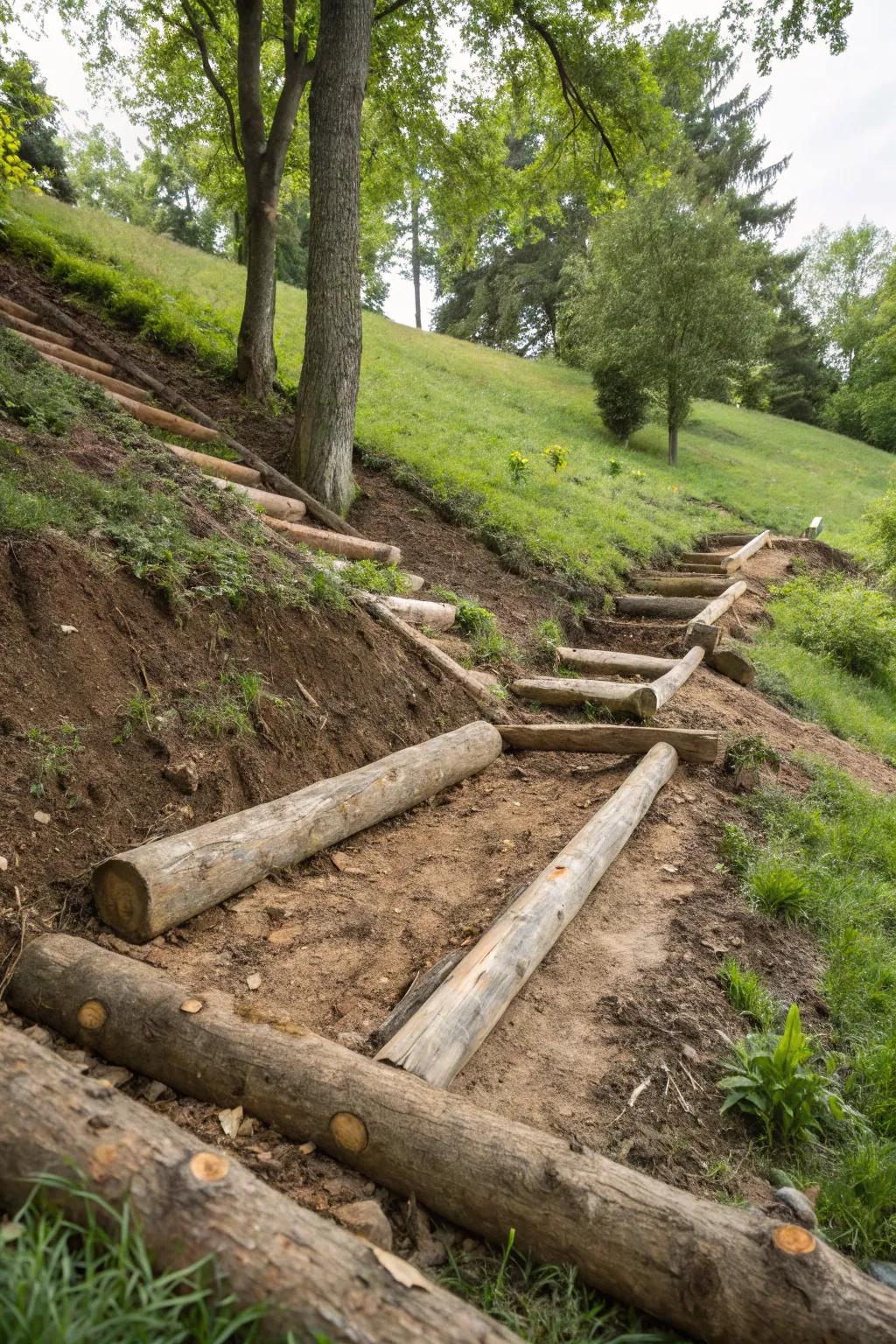 A sloped area where logs are used as natural barriers against erosion.