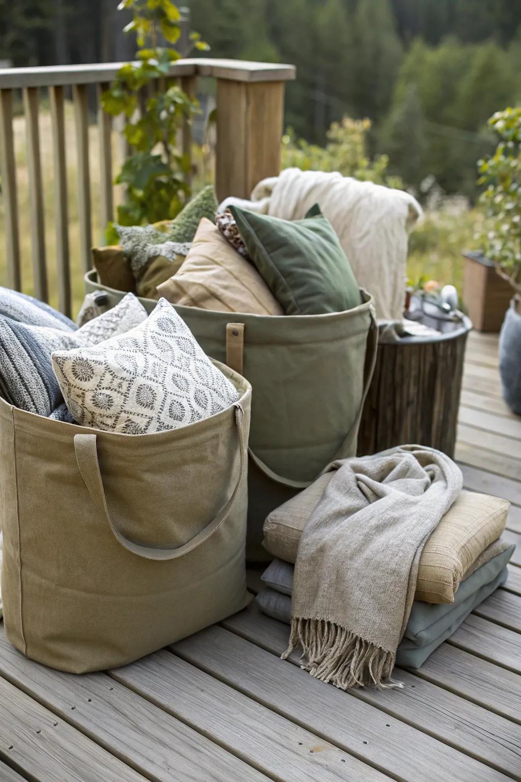 Canvas storage bags provide lightweight and flexible cushion storage.